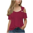 thumbnail image 2 of Fesfesfes Girls' Loose Fit Tunic Tops Kids Short Sleeve Shirts Cold Shoulder Top Casual Round Neck Summer Kids Hollow Out Blouse Tee(Red,5-6 Years), 2 of 8