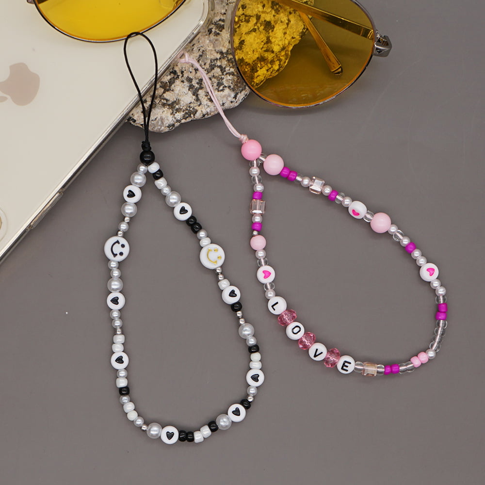 2pcs Beaded Phone Charm Strap,Handmade Colorful Clay Polymer Acrylic Beads Pearl Chain for Women Girls 