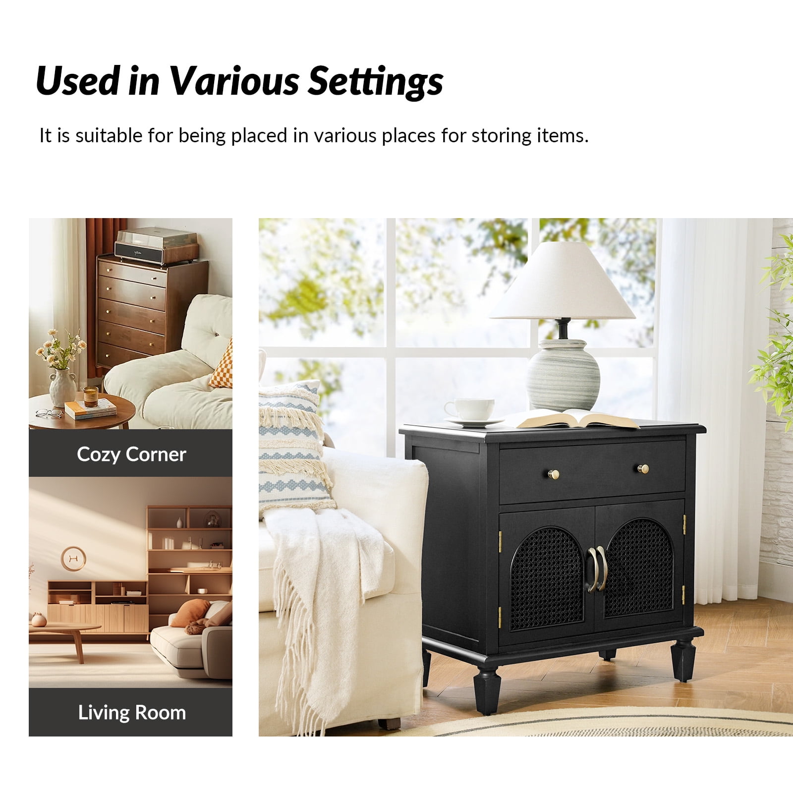 27" Tall Traditional End Table with Charging Station Adjustable Shelf Side Table Apartment Black
