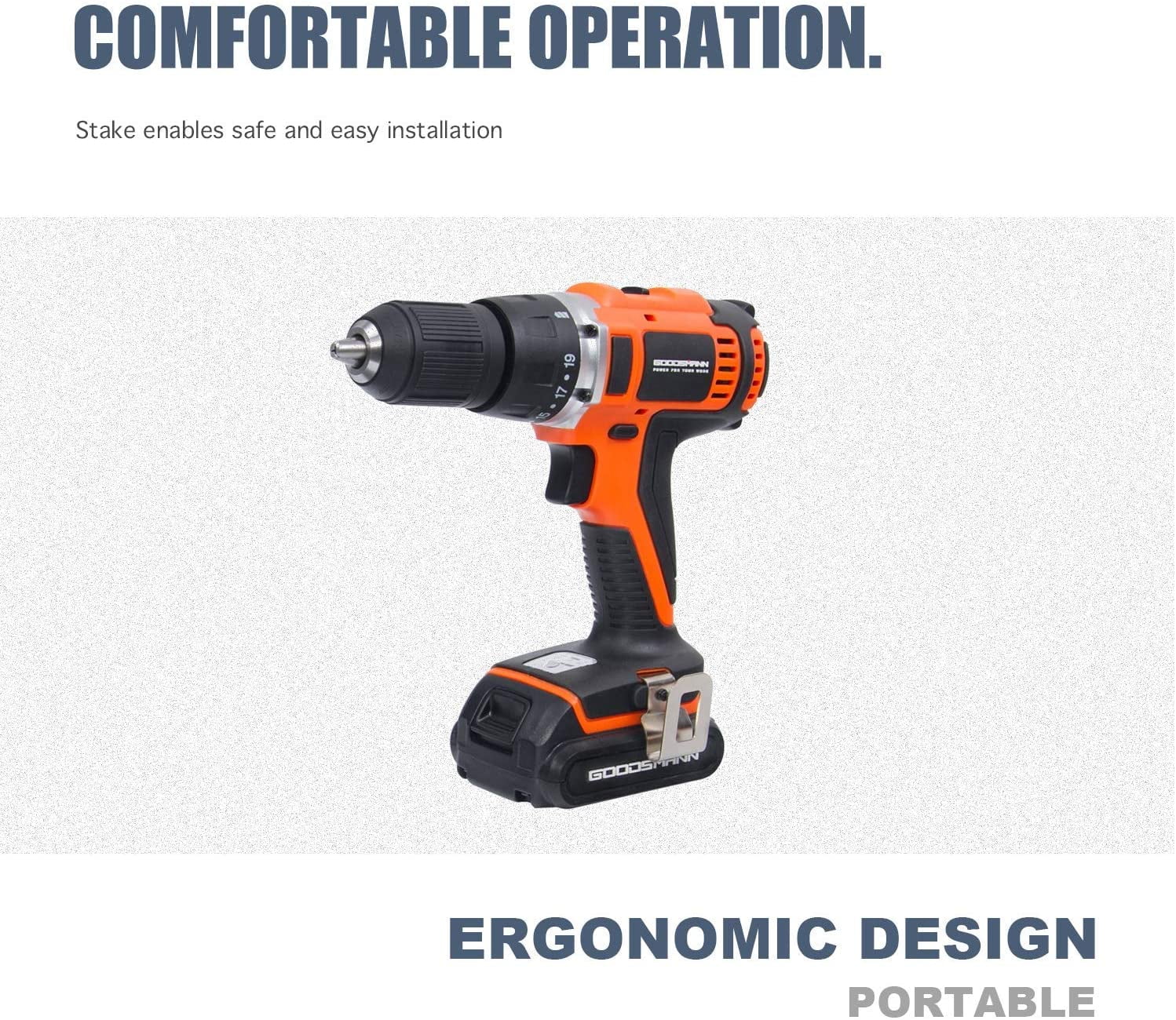 GOODSMANN 18V Li-ion Battery Cordless Drill/Driver Electric Drill Screwdriver with 2200 mAh Battery, 2-Speeds 1400RPM 19+1 Position Keyless Clutch with LED Light, Compact Drill Driver Kit 9923-1013-01