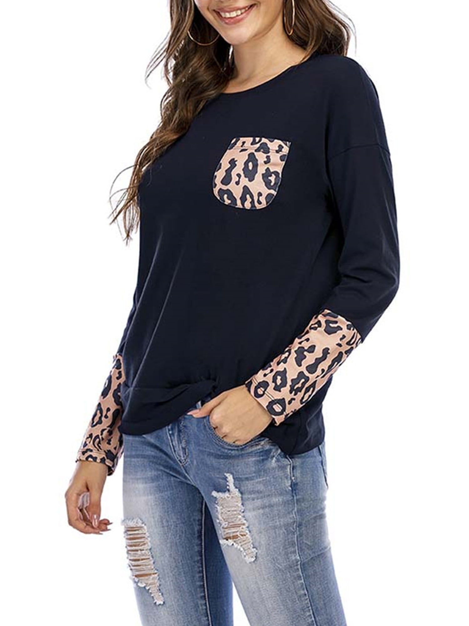 ZXjymll/~ Womens Casual Leopard Printing Long Sleeve Crew Neck Tops Blouse Shirt Tunic