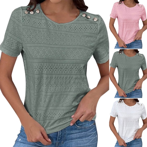 Hrsba Court Style Cutout Button Tops for Women Crew Neck Short Sleeve Solid Color Casual Summer Tees Lightweight Breathable Fashion Shirt Daily Wear
