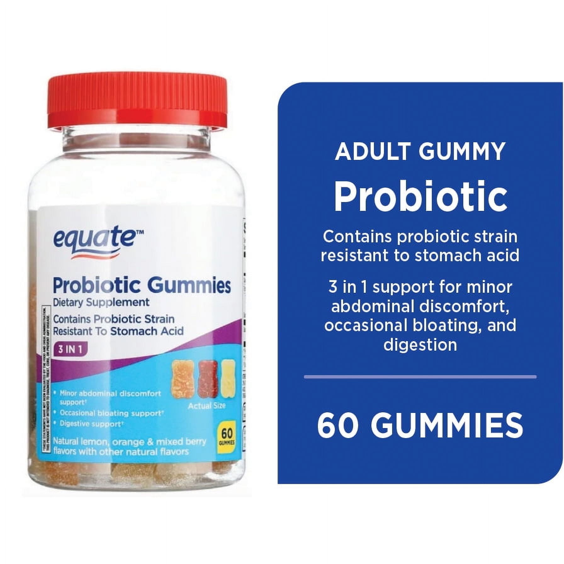 Equate 3-in-1 Daily Dietary Supplement Probiotic Gummies, Natural Fruit Flavors, 60 Count