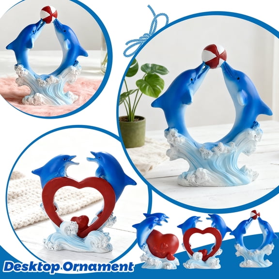 Resin Dolphin Figurines with Heart, Ocean Animal Decorative Statues for Coastal Tabletop Home Decor, Assorted Styles