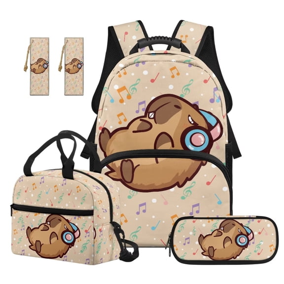 Yuyamidu Capybara Bookbag with Lunch Box for Kids 7-8 Cute Backpack with Lunch Box Pencil Case Bookmarks 5 Piece School Bag Set for Boys Girls 3rd Grade with Lunchbox