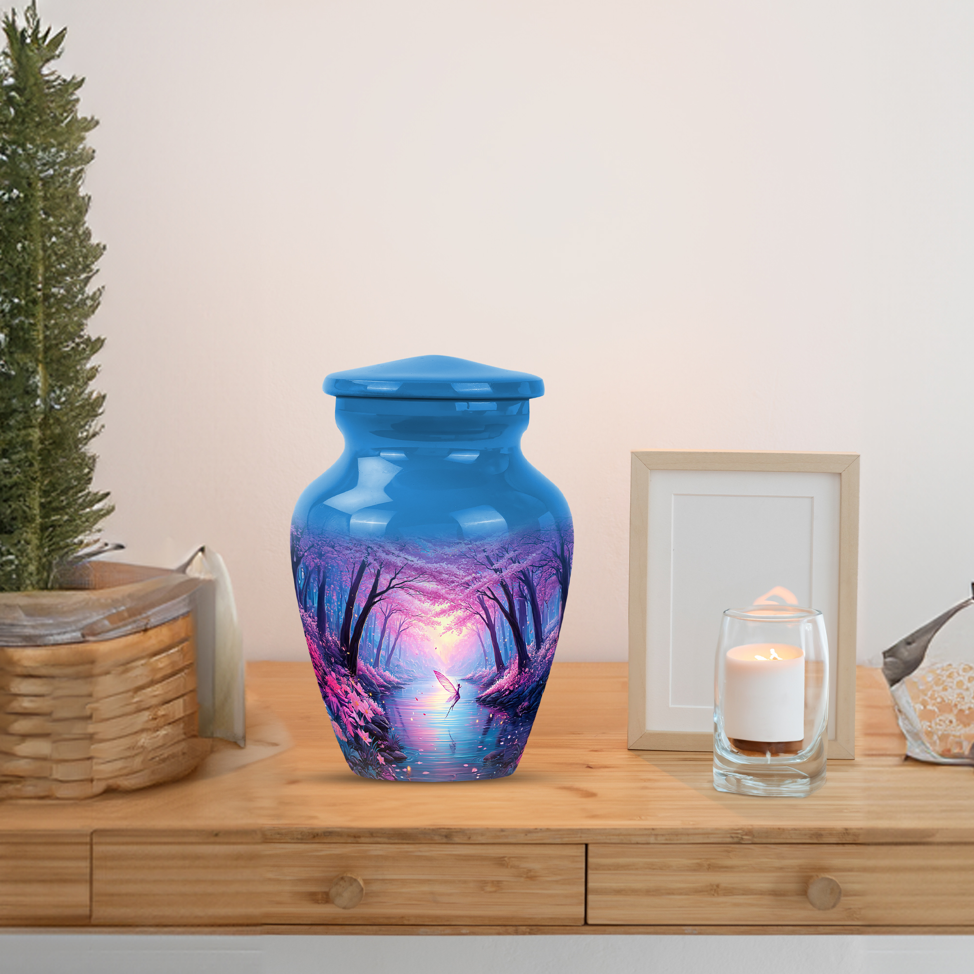 MUKTIVE Cherry Blossom Funeral Urns for Adult Male, Pink Butterfly Memorial Urn for Ashes for Women, Decorative Blue Cremation Urn, Burial Urns for Father Ashes, 3 Inch