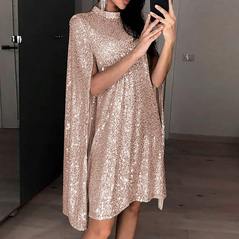 Gold Sequin Dress for Women's Cloak Long Sleeve Mini Cape Dress Party  T-Shirt Flowy Skater Dresses Gift for Women 