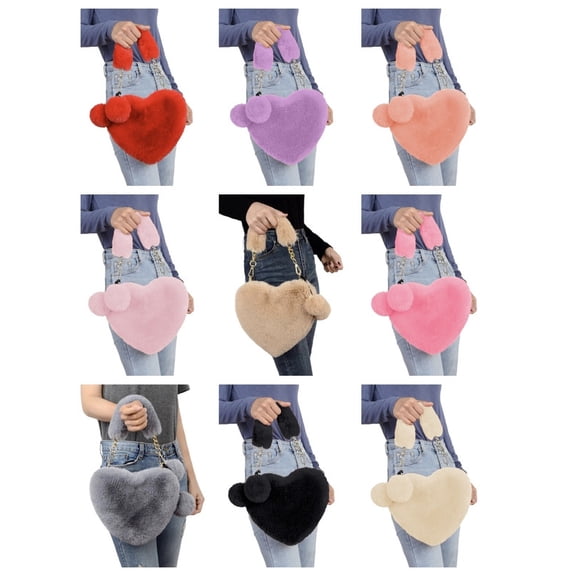 Furry Purse for Girls,Pink Heart Shaped Fluffy Handbag for Women,Soft Small Shoulder Bag Clutch Purse,Heart Purses for Women with Chain Crossbody,Unique Plush Purses for Women Valentine