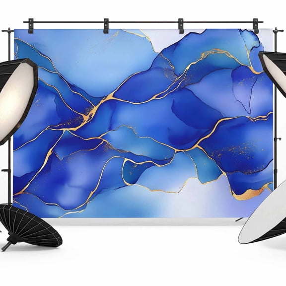 Marble Blue Backdrop for Photography, Liquid Gold Foil Glitter Wavy Rock Stone Photo Backdrop Portrait Background Party Banner Photo Backgrounds for Studio Booth Props, 7x5ft