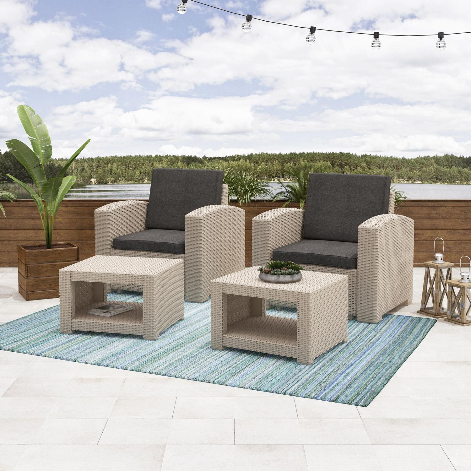 CorLiving Adelaide 4pc Rust Proof Resin Wicker Chair and Ottoman Patio Set