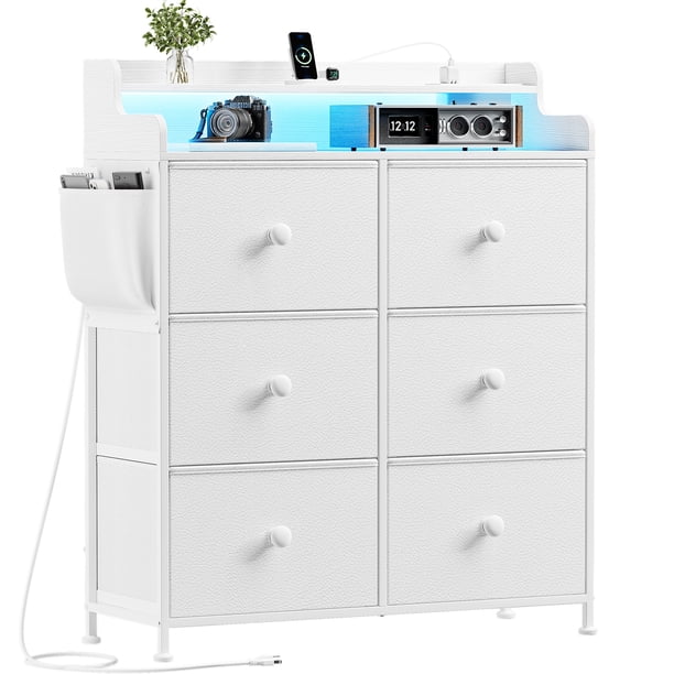 Comoda Cajonera para Recamara - 6 Cajones De Tela con Parte Superior de Madera y Marco De Acero Plegable - Mueble Organizador con cajonera para Ropa - Luces LED - Estación de Carga