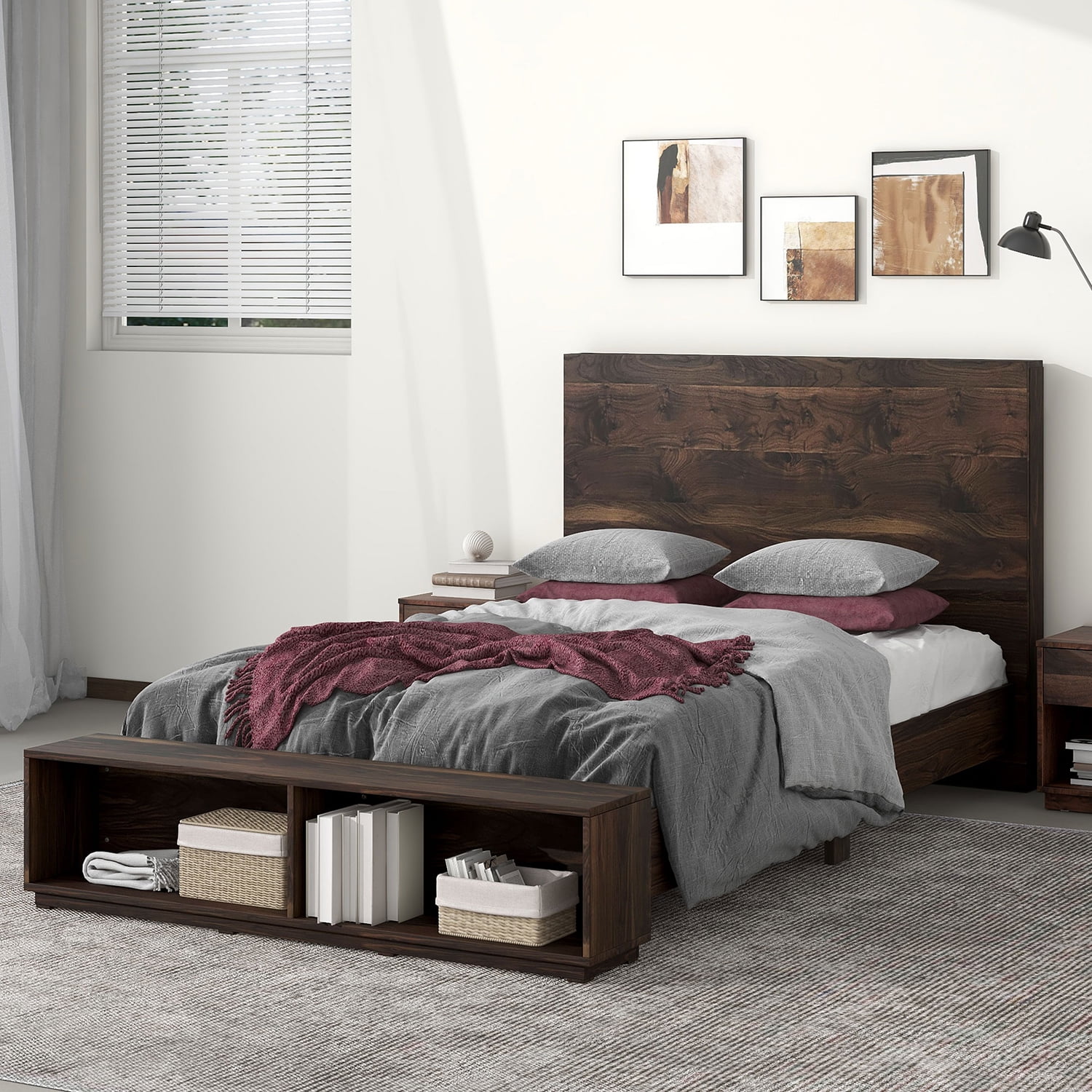 Kadyn Queen Size Wood Platform Bed, Wood Storage Queen Bed with Storage Bench in Walnut, Modern MDF Farmhouse bedstead for bedroom, Walnut Kadyn Queen Size Wood Platform Bed, Wood Storage Queen Bed with Storage Bench in Walnut, Modern MDF Farmhouse bedstead for bedroom, Walnut