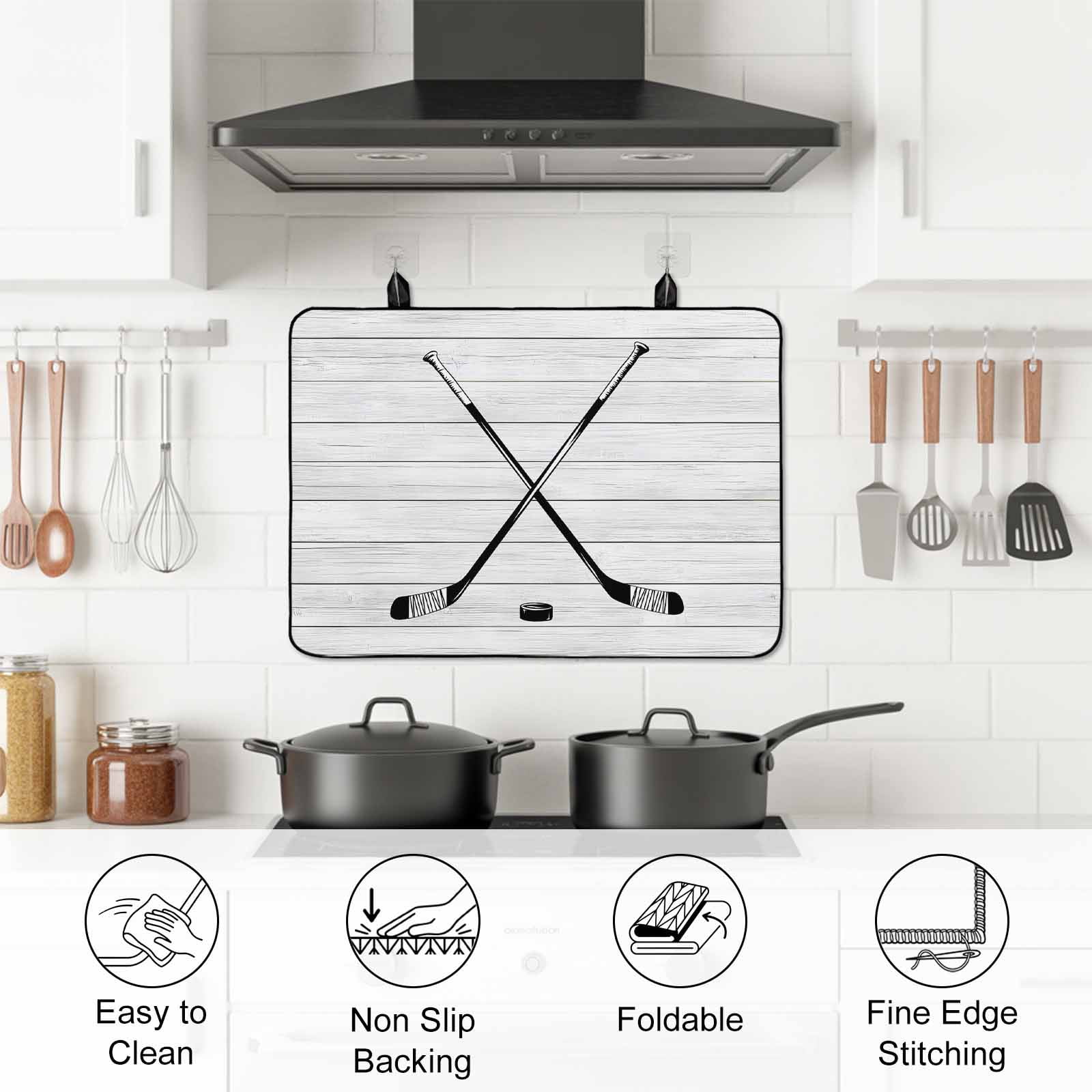 Ice Hockey Stove Top Cover for Electric Stove, Heat-proof & Non Slip Glass Top Stove Cover Protector, Farmhouse Rustic Ball Sport Game Wooden Grain Kitchen Flat Cooktop Rubber Mat 36x21 Inches