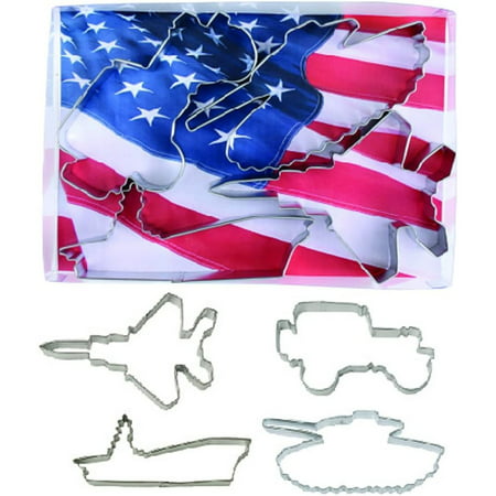 

Military Vehicle Cookie Cutter 4 Pc Set – Military Truck Tank Aircraft Carrier Fighter Jet Cookie Cutters Hand Made in the USA from Tin Plated Steel