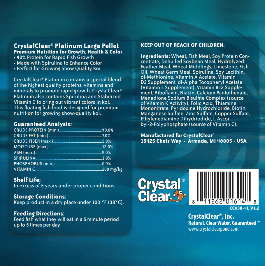 CrystalClear Platinum Rapid Growth Koi Fish Food, 5mm Pellets, 4.4 Pounds