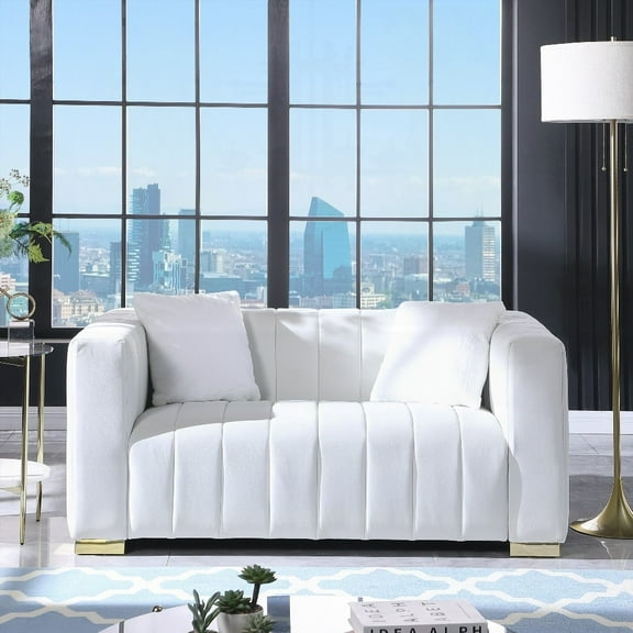 A modern 220×80×75cm channel sofa with white premium velvet upholstery and a traditional Chesterfield look.