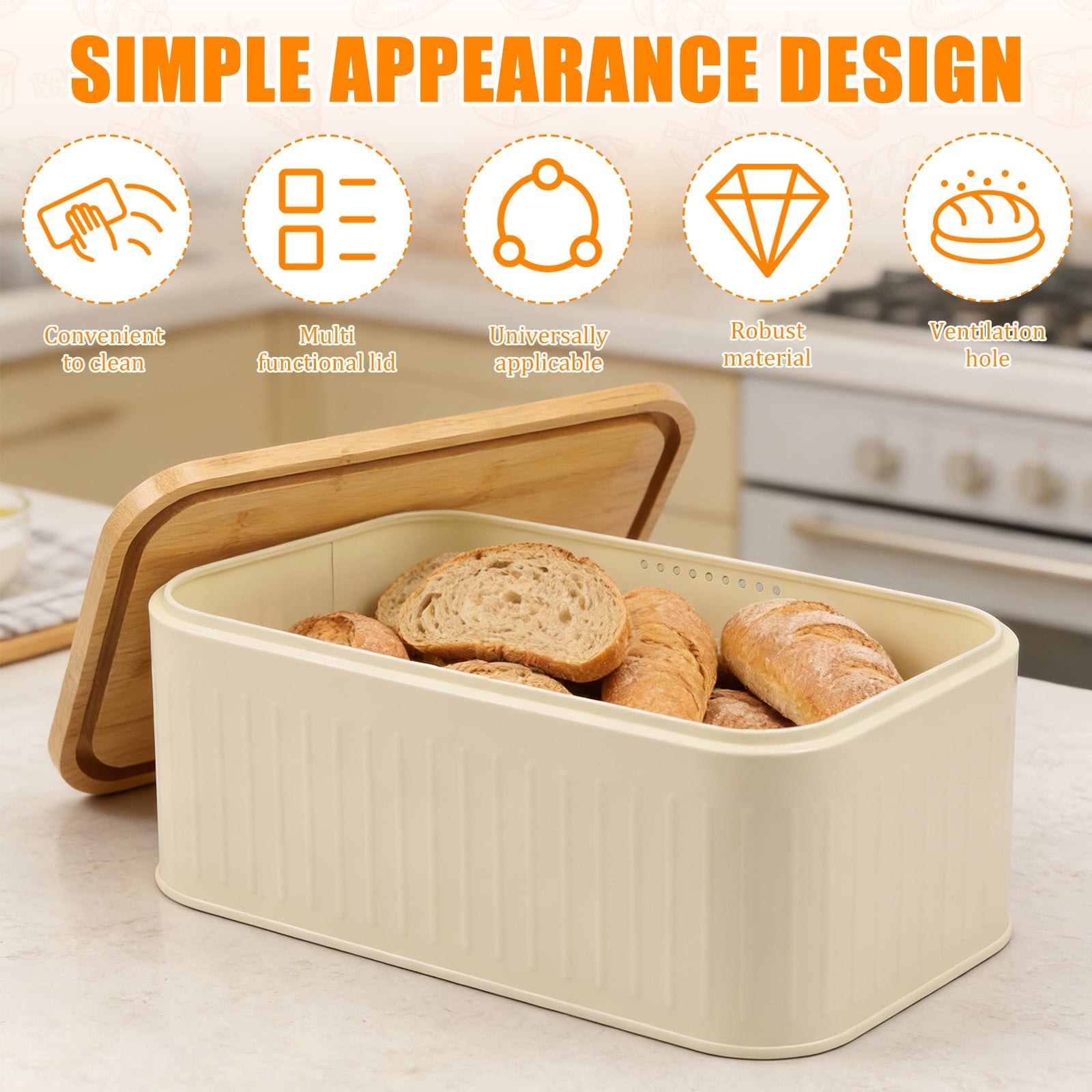 Metal Bread Box for Kitchen Countertop, Bread Storage Container with Bamboo Cutting Board Lid for Homemade Bread, 12" x 7.2"
