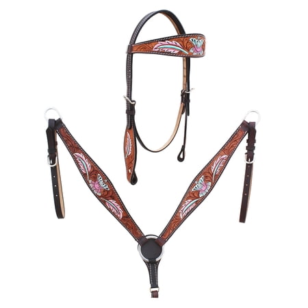 Horse Western Floral Tooled Browband Bridle & Breast Collar Tack Set 78HR54B