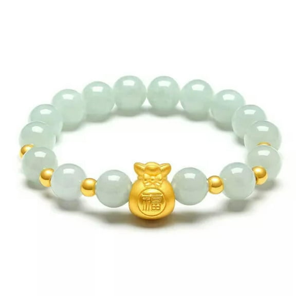 K-KED Real 24K Yellow Gold Bracelet Natural Jade Bead 7-8mm 3D Bow-knot Bag Bracelet -18cm/7.08inch-2pcs Gold Bead