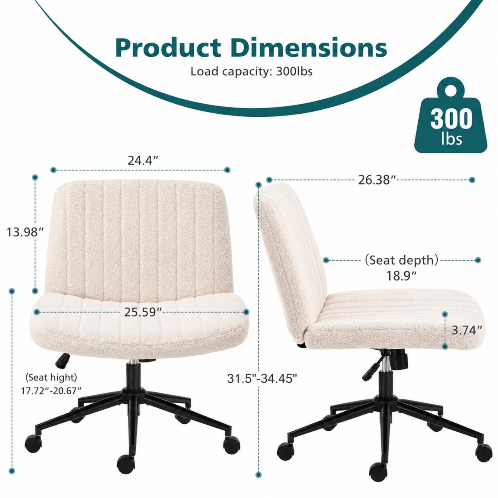 Kelno Armless Criss Cross Office Chair with Wheels 300lb Capacity Wide Seat Cross Legged Desk Chair Height Adjustable Swivel Vanity Chair, Beige Teddy