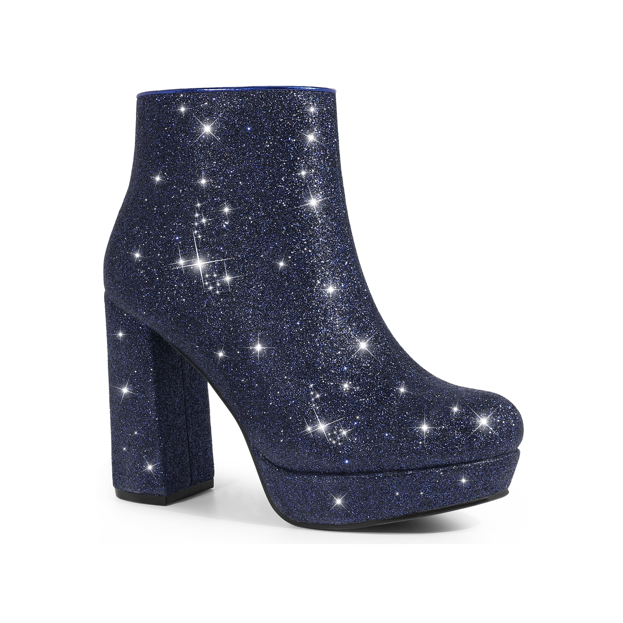 BLISSFUL STEP Platform Glitter Round Toe Chunky Heels Ankle Boots