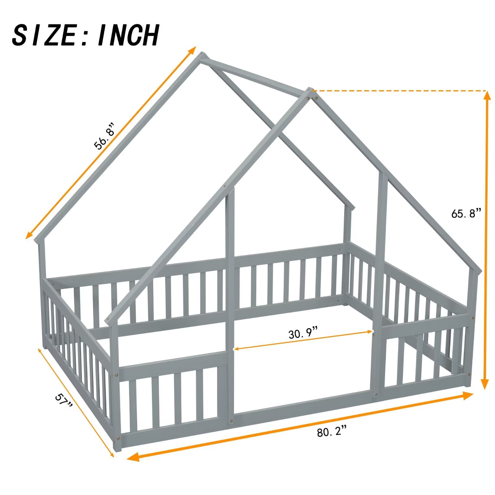 Full Size Floor Bed for Kids Toddlers, Wooden Montessori Bed Frame with Roof and Fence Guardrails, Playhouse Bed Tent Bed for Boys Girls Bedroom, Easy Assembly, Grey