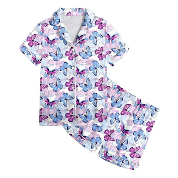 Kids Pajamas Girls Butterfly Printed Short Sleeve Button-Down Sleepwear with Shorts Girl Summer Pajamas Size 5T Girls Pajamas