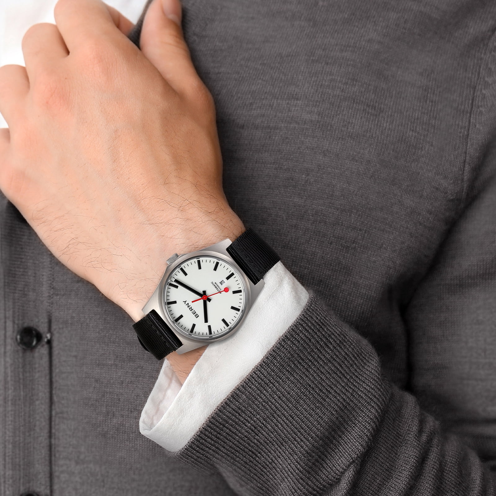 BERNY Automatic Titanium Watches for Men, Sport Casual 10ATM Waterproof Analog Mechanical Watch with Date, Nylon Strap, Super Luminous, Sapphire Crystal, Fashion Minimalist Wrist Watch (White)