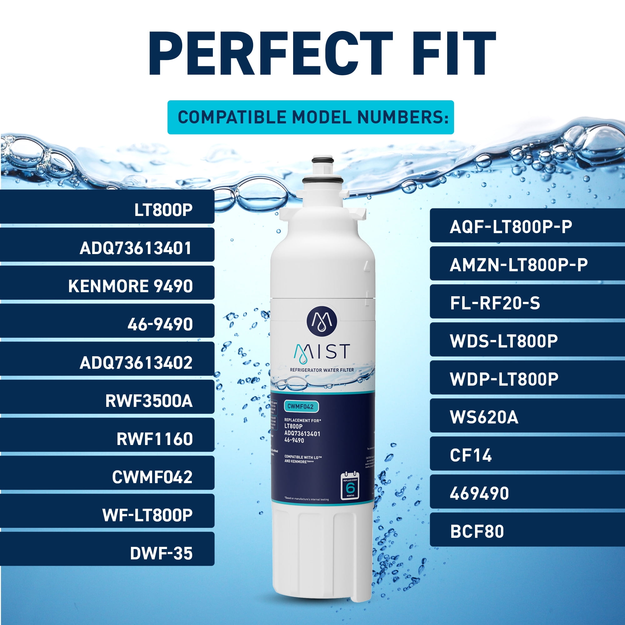 Mist LT800P Refrigerator Water Filter Replacement Cartridge for LG, Compatible with ADQ736134, LG ADQ736134, Kenmore 9490, 46-9490, 469490, ADQ73613402, LG LMXS30776S, LG LSXS26366S, 3-Pack