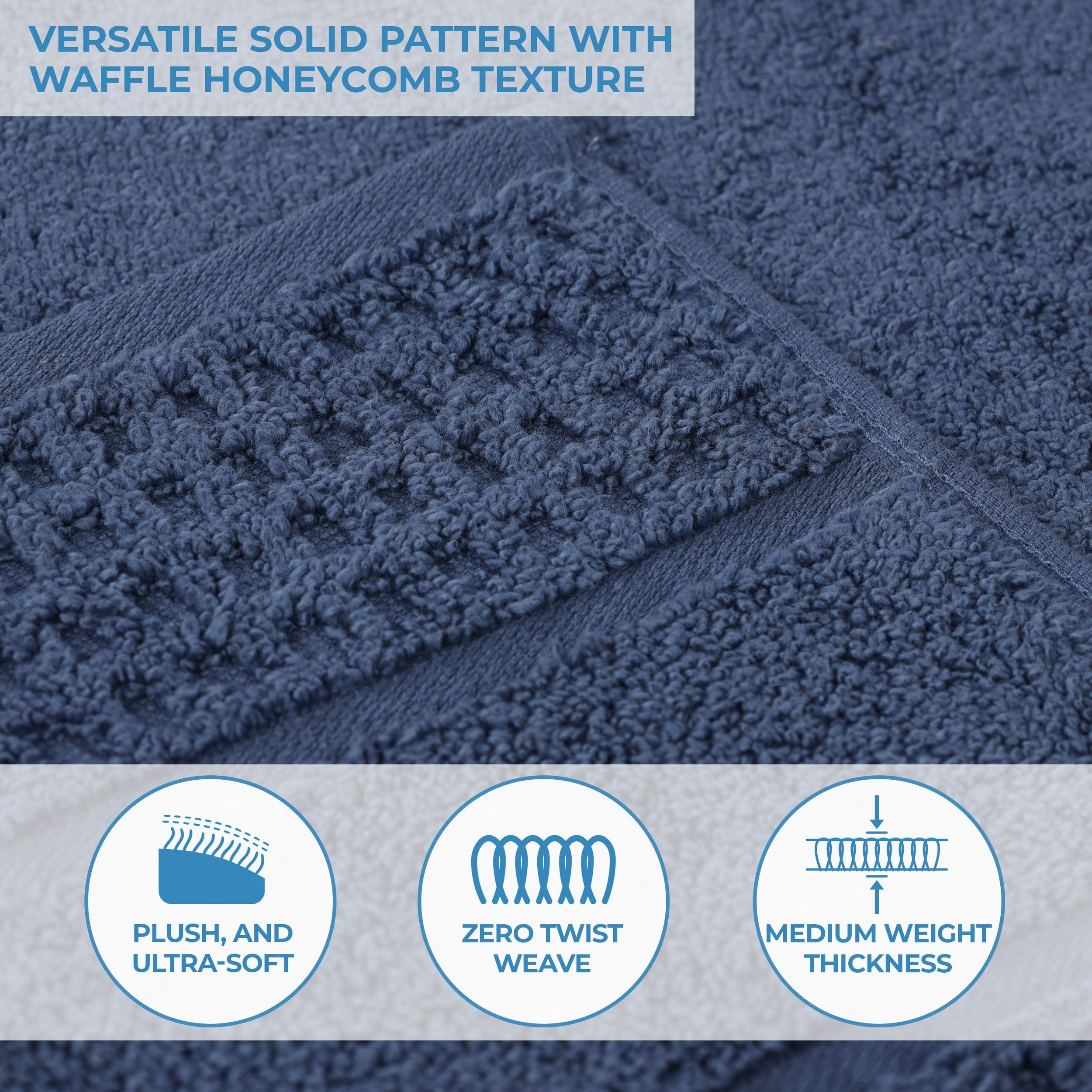Superior Zero Twist 12-Piece Cotton Face Towel Set, Waffle Border Ultra Doft Quick Dry Towels, Navy Blue