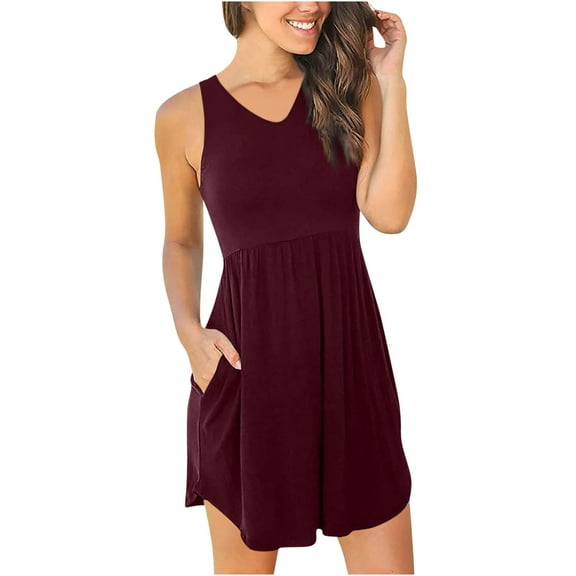 BLVB Women's Summer Sleeveless Dresses with Pockets V Neck Solid Color Loose Flowy Tank Dress Beach Sundress