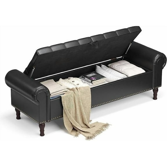 Gelloan Storage Ottoman Bench for Bedroom,Upholstered Bedroom Bench with Rolled Arms and Rivets, Storage Chest for Living Room,Black,60 Inches