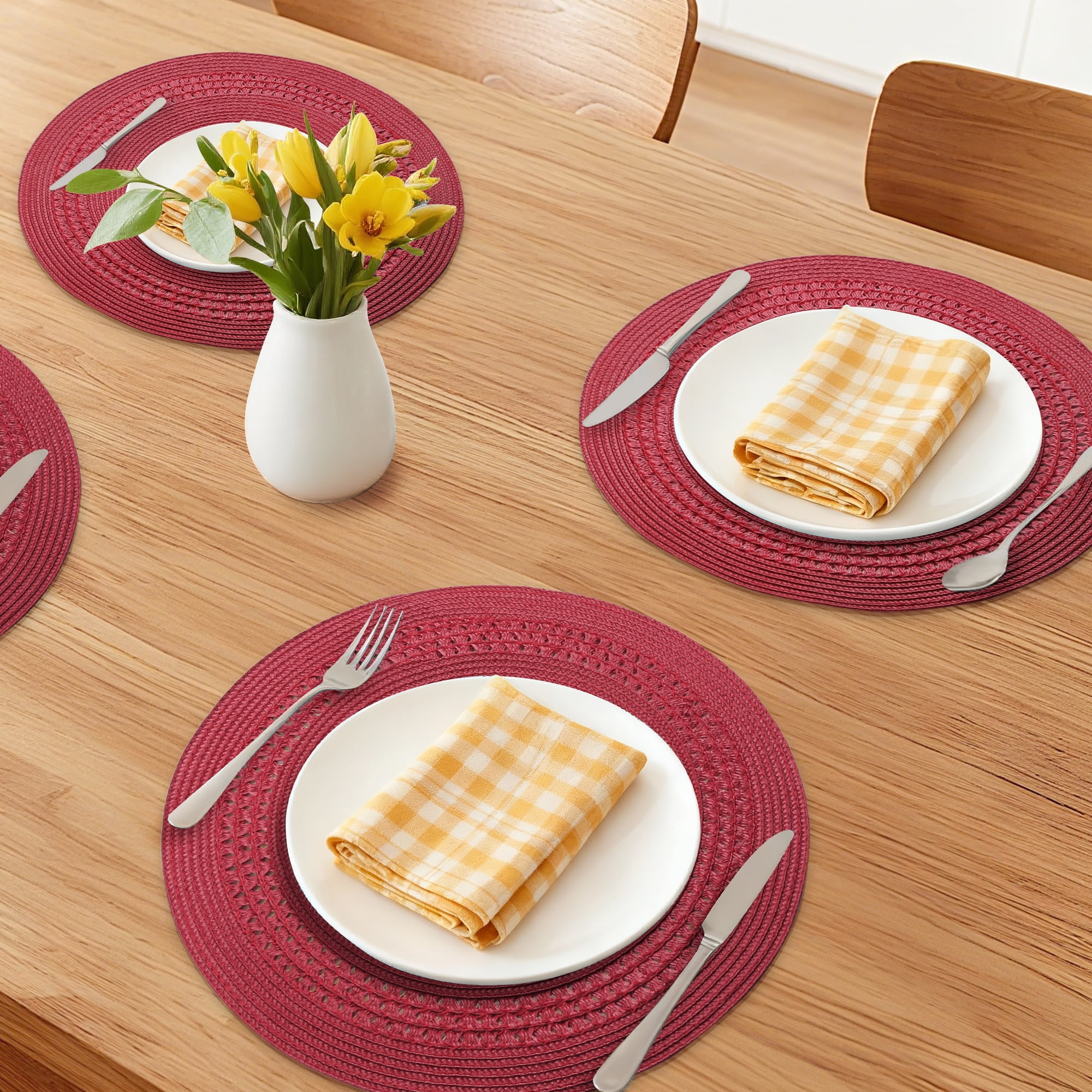 Unique Bargains Farmhouse Round Placemats Set of 6 Woven Placemats Wine Red