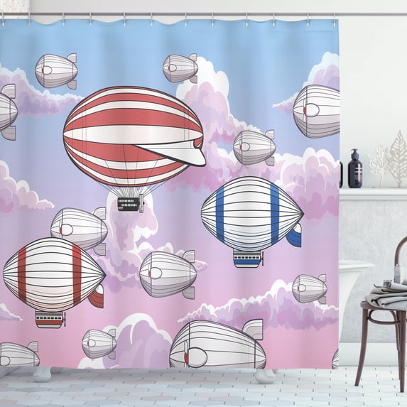 Steampunk Shower Curtain, Vintage Airships and Zeppelins Flying Traveling in the Cloudy Sky Doodle Image, Fabric Bathroom Set with Hooks, 69W X 84L Inches Extra Long, Multicolor, by Ambesonne