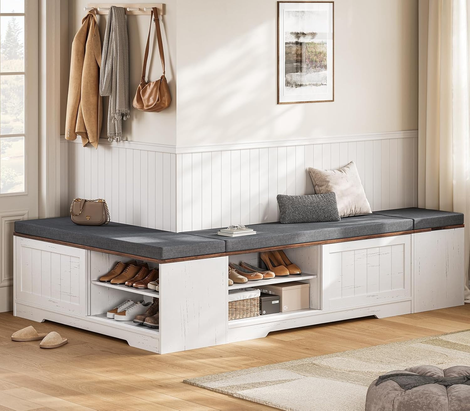 Frhnenha L Shape Corner Bench with Storage, Breakfast Nook Bench with Cushion and Slide Barn Doors for Entryway, Hallway, Living Room, White Brown