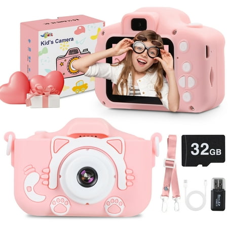 Wisairt Kids Camera 1080P HD Digital Video Cameras with 32GB SD Card Mini Rechargeable Toddler Toys Camera for 3-12 Years Girls Best Gifts for Kids (Pink)