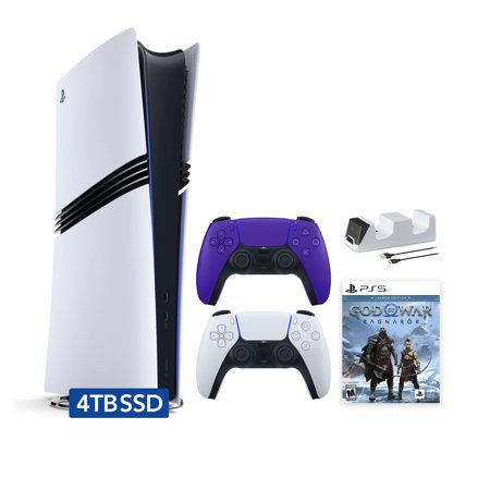 PlayStation 5 Pro 4TB SSD Digital Console God of War Bundle with Two Controllers, White and Galactic Purple DualSense and Mytrix Dual Controller Charger - Flagship PS5 Pro Console