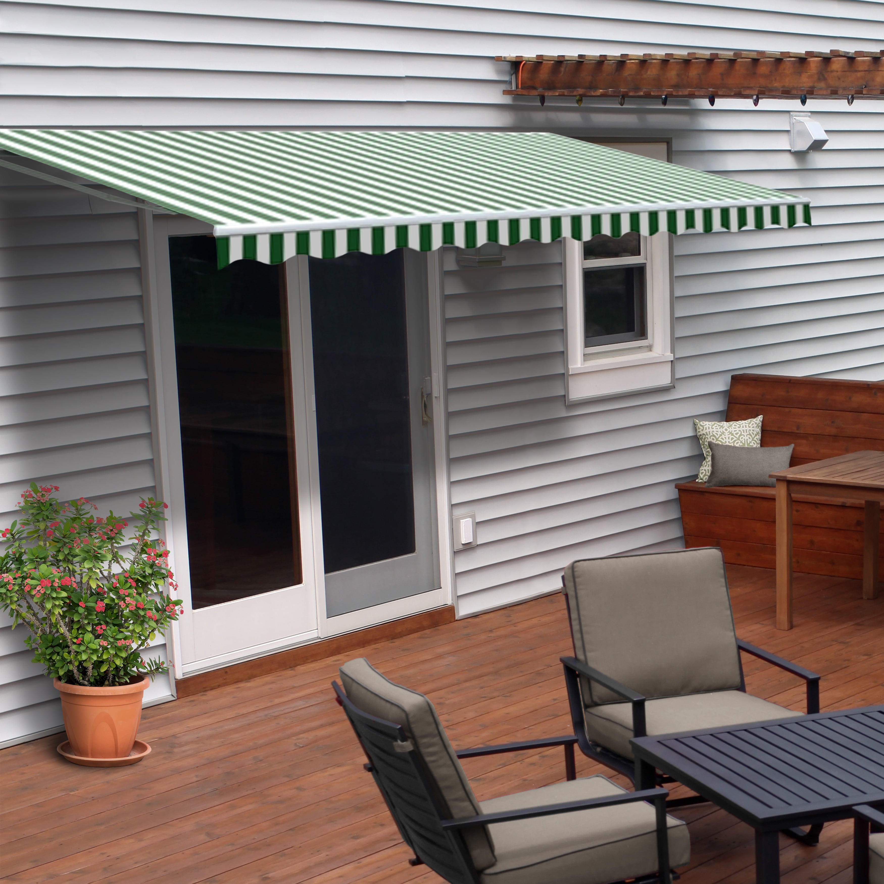 ALEKO Retractable Patio Awning 10 X 8 Ft Deck Sunshade Green and White Stripe 