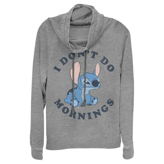 Junior's Lilo & Stitch I Don't Do Mornings Stitch Cowl Neck Sweatshirt Gray Heather Medium