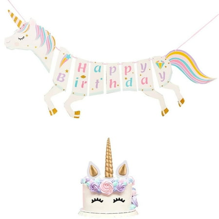 Winrase Unicorn Birthday Party Decoration Supplies -Unicorn Cake Topper Gold Unicorn Horn Ears Eyelashes and Unicorn Happy Birthday Banner Magical Pastel Design with Sparkle Gold Glitter ,