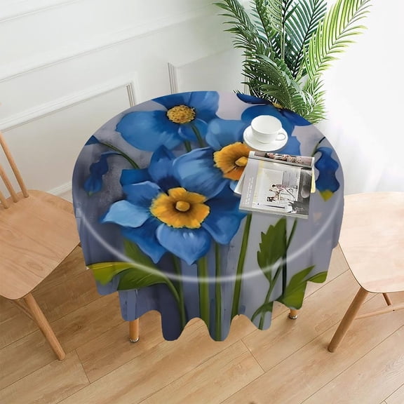 GooTPa 60 Inch Round Tablecloth, Blue Flowers Yellow Center Oil Premium Polyester Straight Edge Wrinkle Resistant Washable Table Cover for Home Dining Party Decor