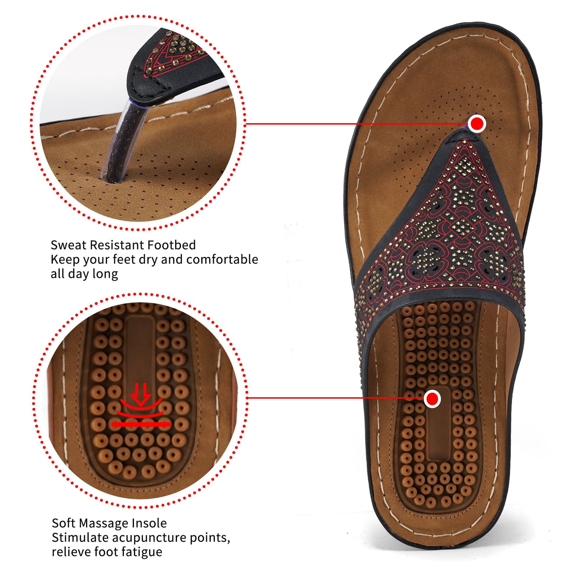Womens Sandals Flip Flops for Women with Arch Support Cushion Summer Casual Rhinestone Wedge Sandal Shoes Massage Function