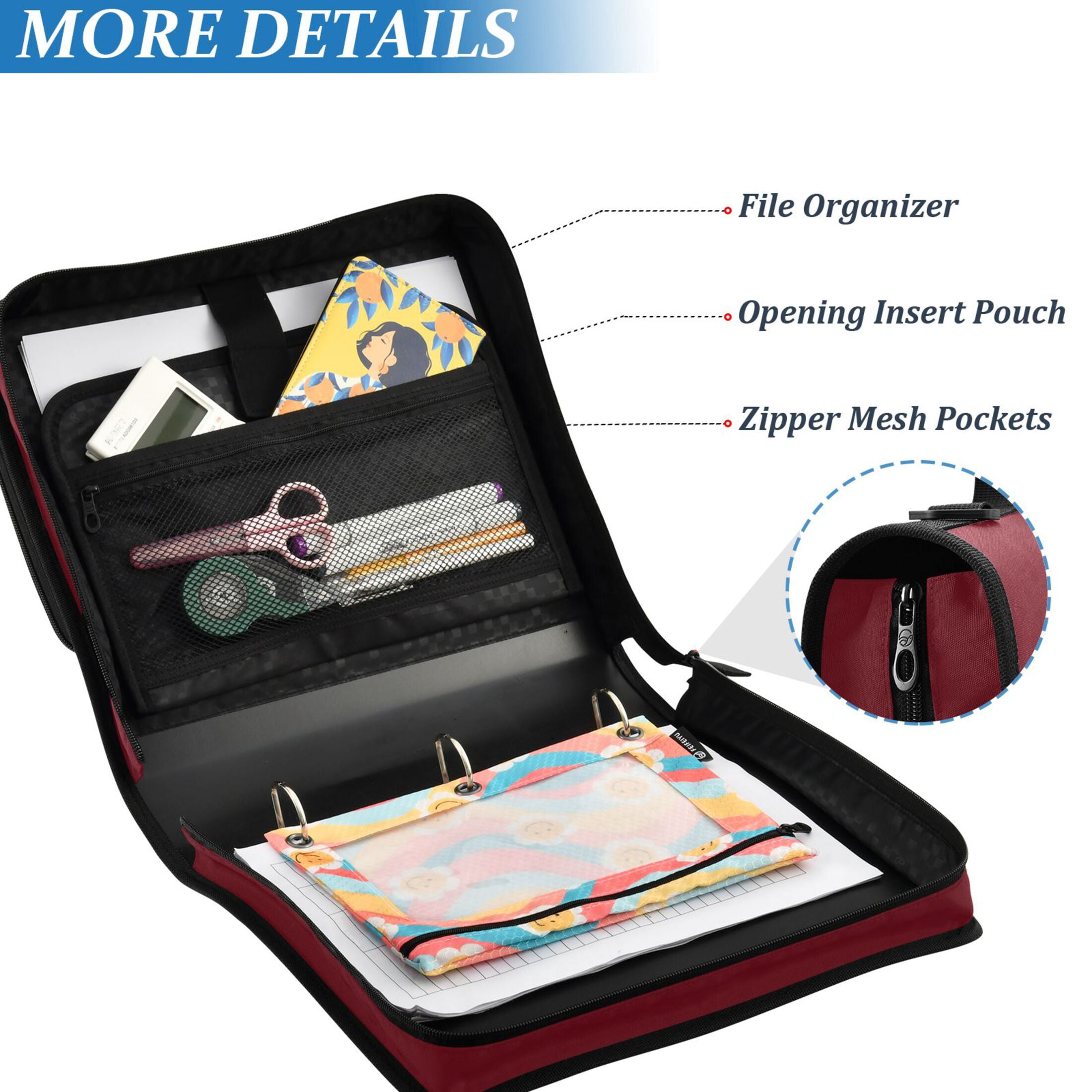 ALAZA Zipper Binder Dark Red 3 Ring Trapper Keeper File Folder Organizer Bag