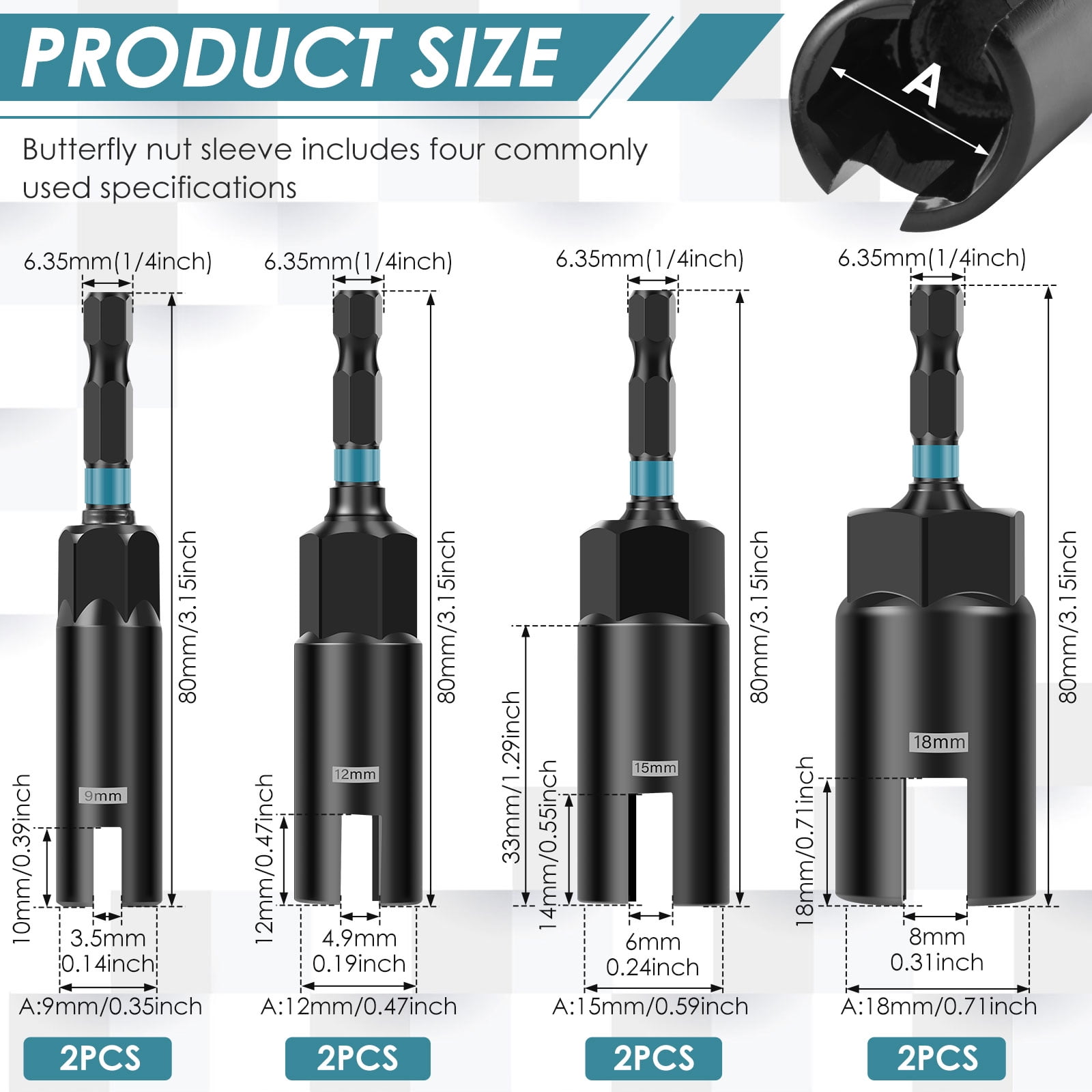 8PCS Wing Nut Driver Set 4 Sizes Chromium Vanadium Steel Wing Nut Socket Kit with 1/4 Inch Hex Shank for Eye Bolt Wire Twisting