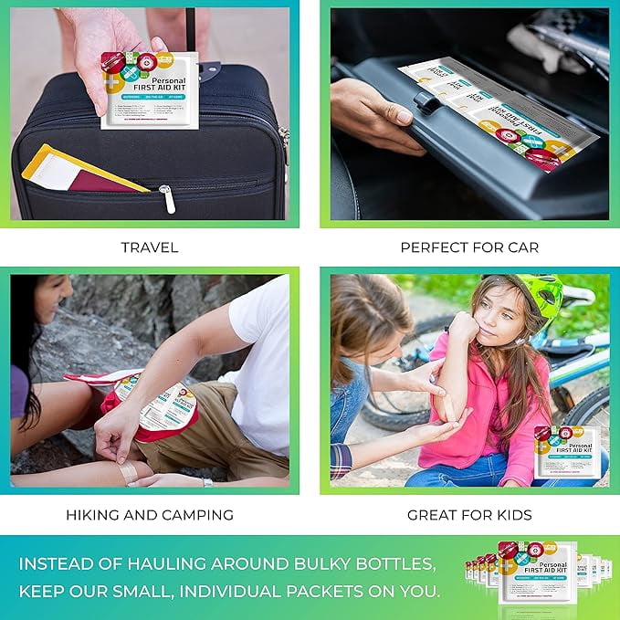 Personal First Aid Kit - Case of 100 | Clean, Treat, Protect Minor Cuts, Scrapes and Burns | Perfect for Home, Office, Car, School, Business, Camping | Individually Wrapped First Aid Products (Green)