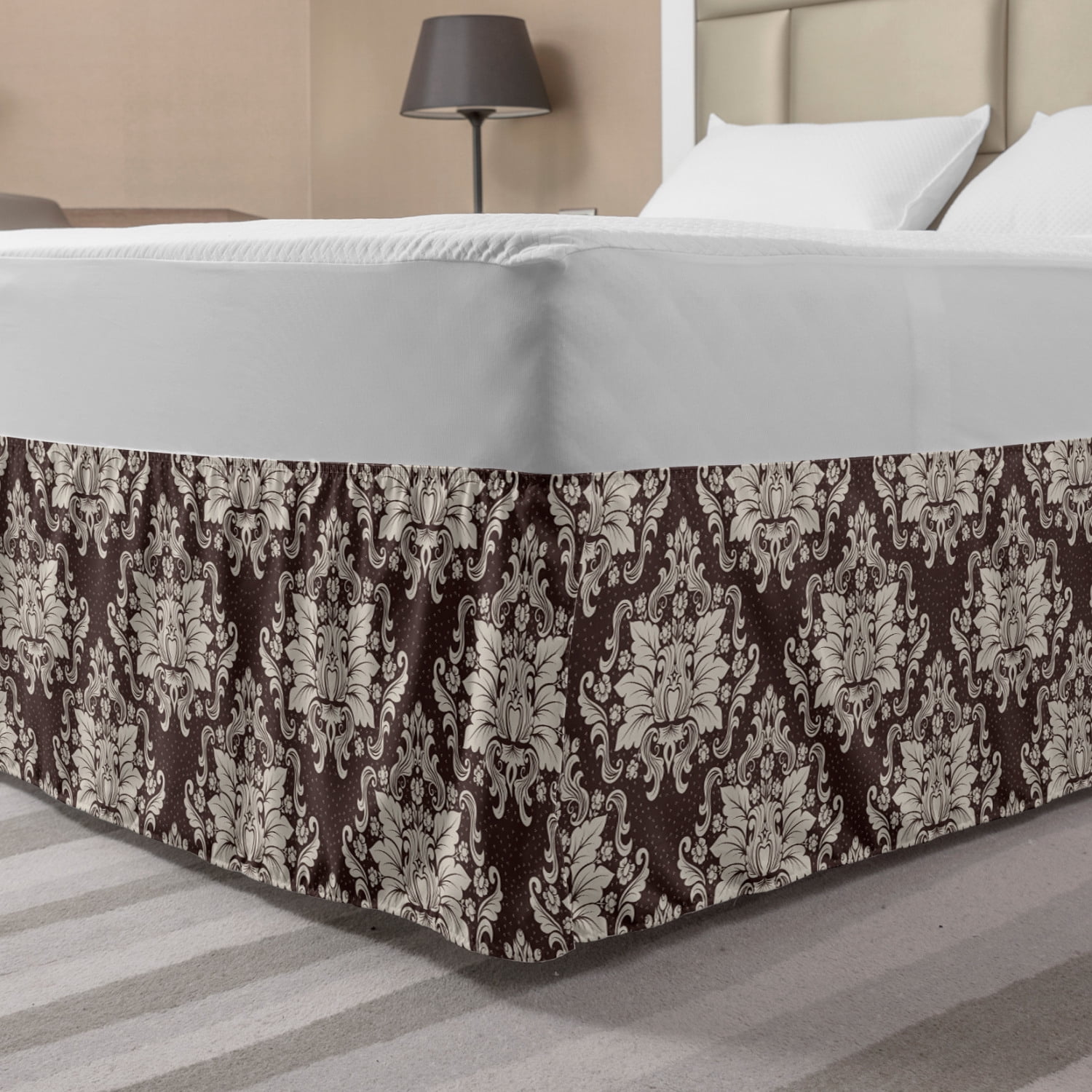 Damask Bed Skirt Victorian Floral Pattern With Blooming Foliage Leaves On Dark Toned Backdrop Elastic Bedskirt Dust Ruffle Wrap Around For Bedding Decor 4 Sizes Brown And Beige By Ambesonne Walmart Com