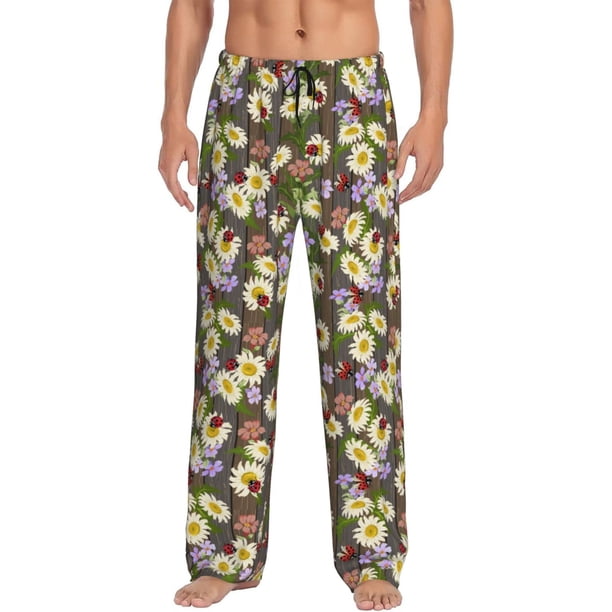 Balery Ladybugs And Flowers On A Wooden Pantalones de pijama para hombre, pijama ultraligero, pantalón de descanso-Small