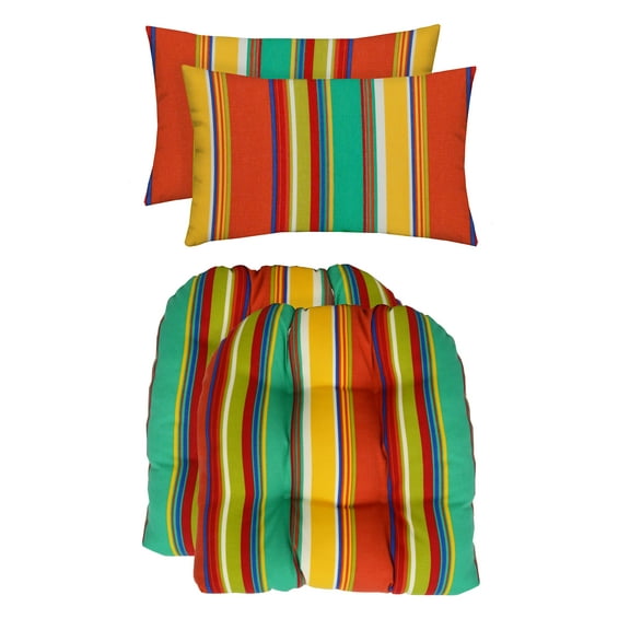 RSH Décor Indoor Outdoor Set of 2 U-Shape Cushions and 2 Lumbar Pillows Weather Resistant, Bright Colorful Stripe