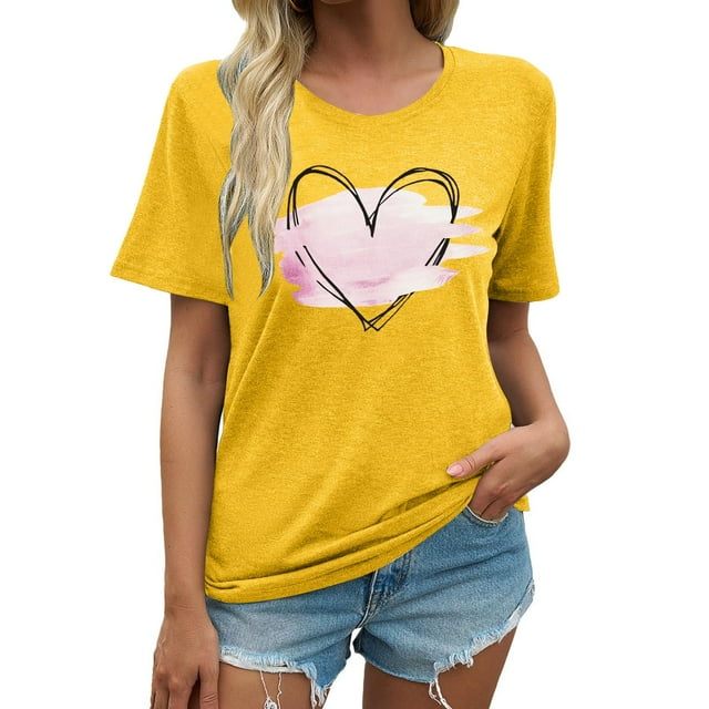 LUOGENLI T-shirts pour Femme pour Femmes Mode Décontractée T-shirts Imprimés Col Rond Manches Courtes T-Shirt Hauts Tunique Blouse T-shirts pour Femmes T-shirts Graphiques T-shirts Pêche Saint-Valentin Jaune m