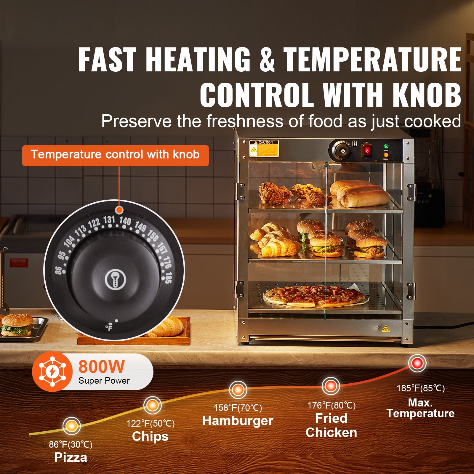 KFFKFF 3-Level Food Heating Showcase, 800W with Illumination for Improved Presentation, Adjustable Heat from 86℉ to 185℉, Spacious 90L Interior for Various Food